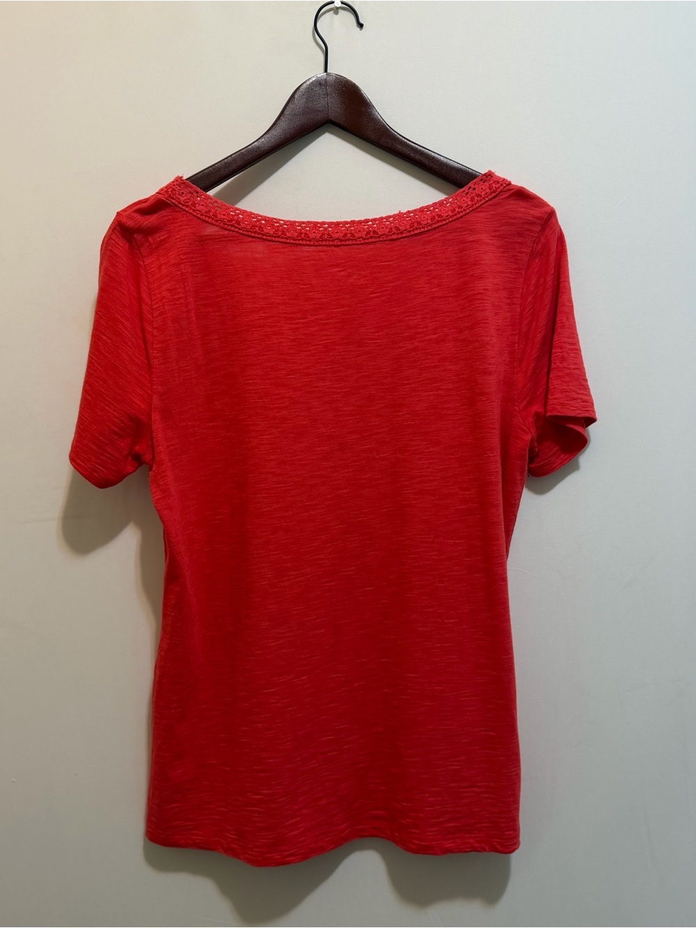 Talbots Bright Red Square Neck Short Sleeve Top with Lace Trim - Picture 2 of 5